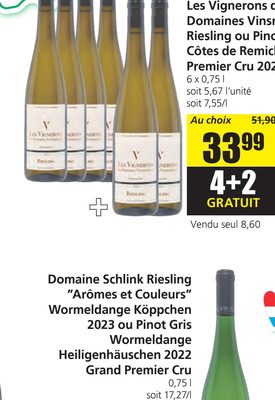 Les Vignerons de Domaines Vinsmoselle Riesling ou Pinot Gris Côtes de Remich Premier Cru 2024